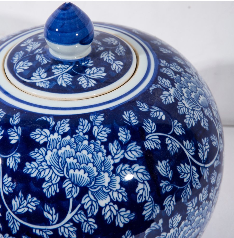Blue Peony Vine Melon Jar - The Art of Broken Pieces