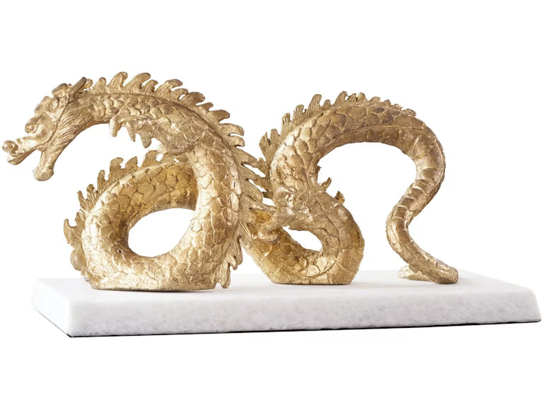 Gold Leaf Cast Iron Dragon Sculpture on White Marble Base
