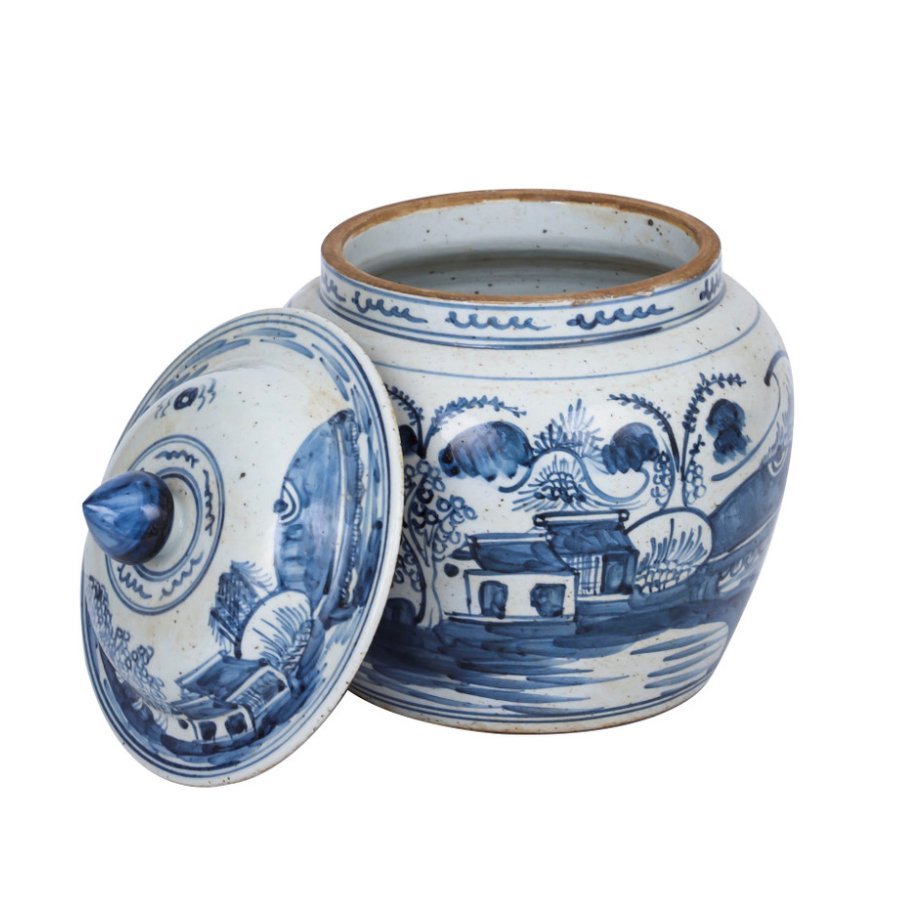 Landscape Lidded Jar (Blue and White) - The Art of Broken Pieces