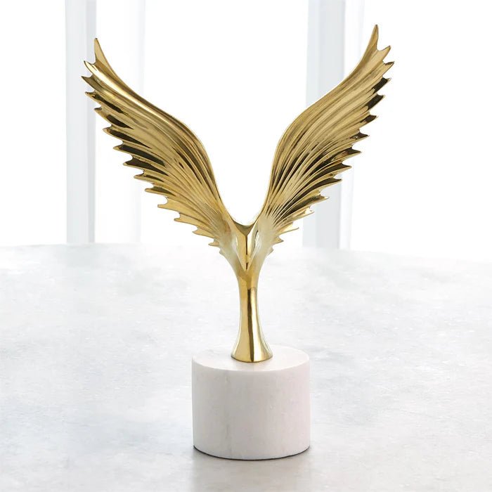 Soaring Eagle Sculpture in Polished Brass on White Marble Base - LaFayes