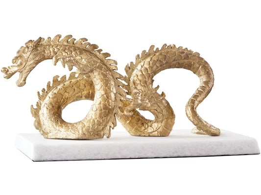 Gold Leaf Cast Iron Dragon Sculpture on White Marble Base