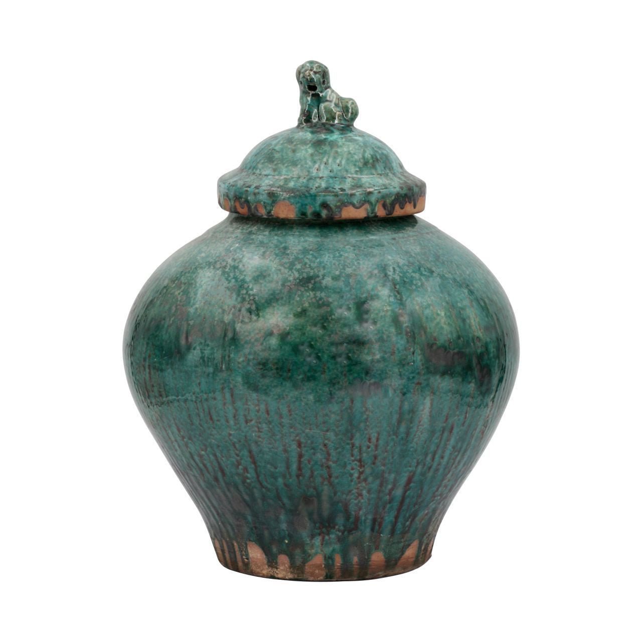Lion Lidded Emerald Green Vintage Porcelain Jar - The Art of Broken Pieces